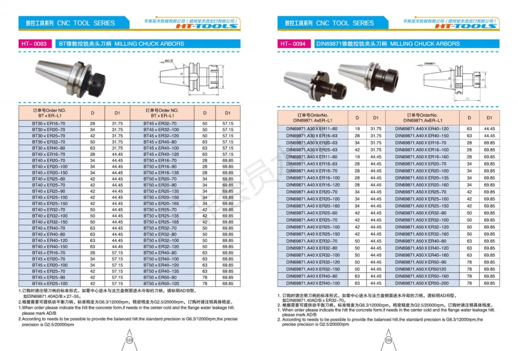CNC Milling Tools Precision Sk40 Er32 Tool Holders DIN69871. Sk40 Bt40 Bt50 Fmb Tool Holders with Balanced G2.5 Hsk63 Hsk100